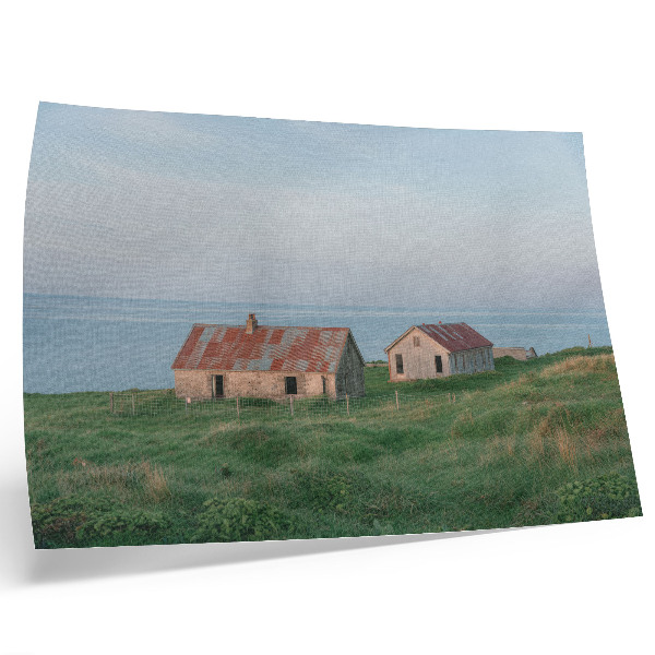 Poster Rustic buildings green meadows sea