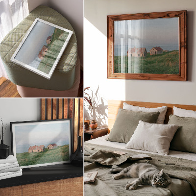 Poster Rustic buildings green meadows sea