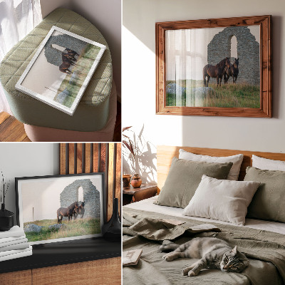 Decorative canvas print The contrast of ruins and horses in the greenery