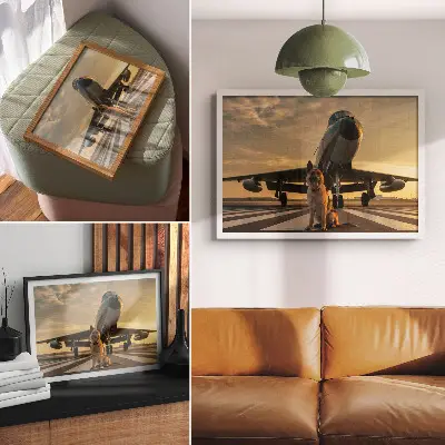 Decorative canvas print dog and plane in the sunset artwork