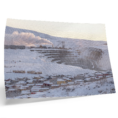 Decorative canvas print Winter landscape with hills and a chimney