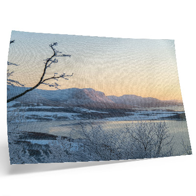 Decorative canvas print Winter landscape of mountains, water, trees at dusk