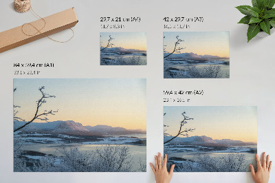 Decorative canvas print Winter landscape of mountains, water, trees at dusk
