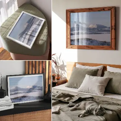 Poster snowy mountains winter landscape with a clear sky