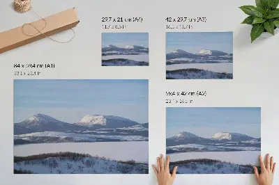 Poster snowy mountains winter landscape with a clear sky