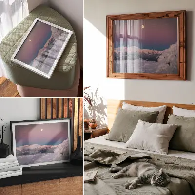 Poster snow-capped mountains with a pastel pink moon