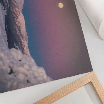 Poster snow-capped mountains with a pastel pink moon