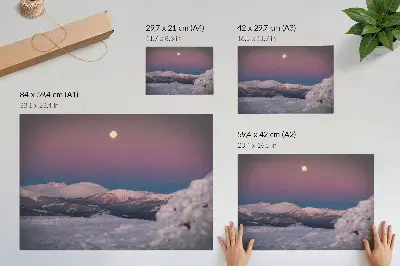 Poster snow-capped mountains with a pastel pink moon