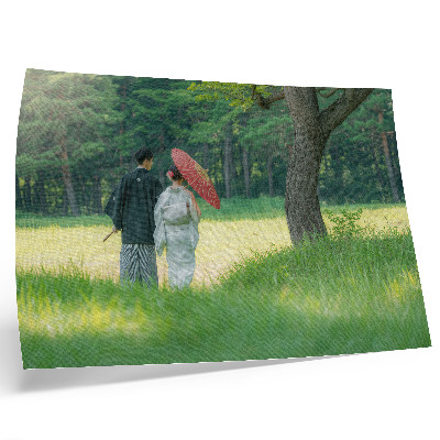 Poster Traditional clothes umbrella green meadow trees