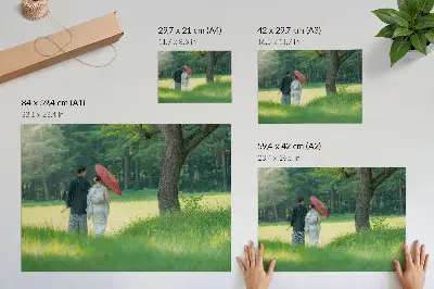 Poster traditional clothes, umbrella, and green meadow with trees