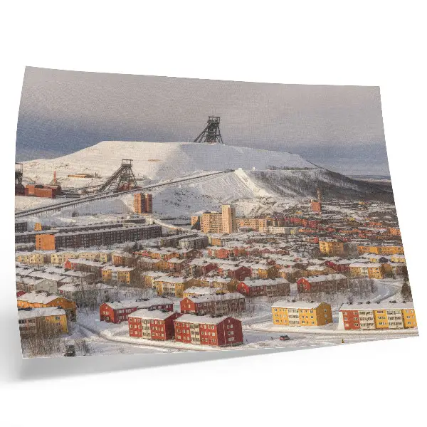 Decorative canvas print featuring a winter town with colorful buildings against the snow