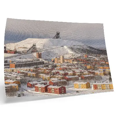 Decorative canvas print featuring a winter town with colorful buildings against the snow