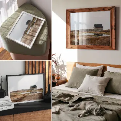 Photo canvas wooden cottage by the calm heathland lake