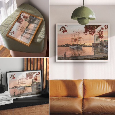 Decorative canvas print A sailing ship at sunset, a peaceful panorama of the city