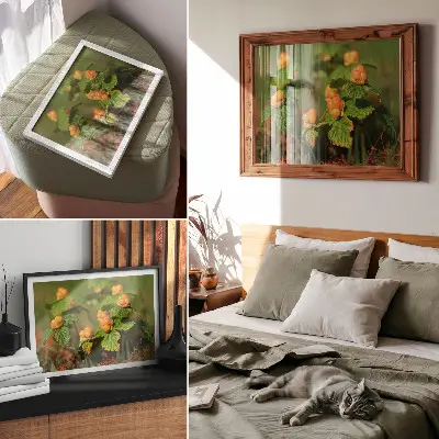 Decorative canvas print with green leaves and orange fruits natural charm