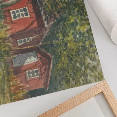 Poster wooden house surrounded by lush green trees in an idyllic landscape