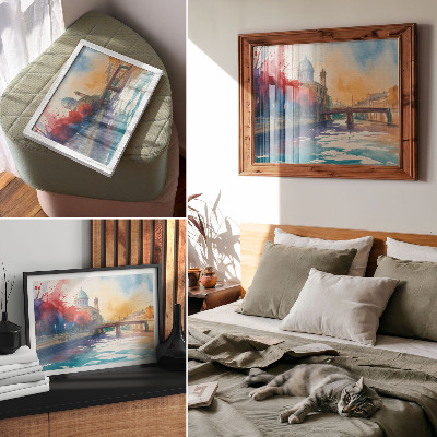 Decorative canvas print Urban watercolor bridge dome water reflections