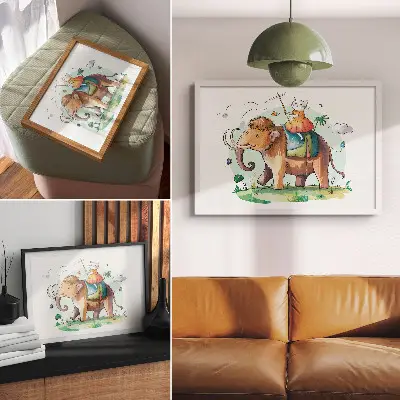 Decorative canvas print featuring a cat on a mammoth in a fantasy nature setting