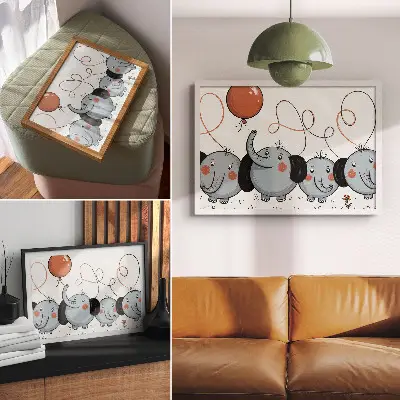Poster featuring elephants with balloons symbolizing cleanliness, fun, and joy