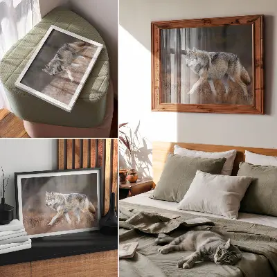 Decorative canvas print featuring a wolf in motion against a wild nature landscape