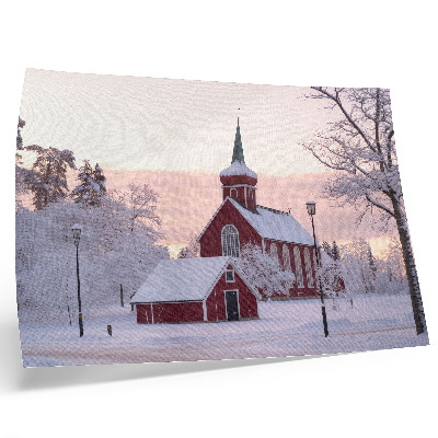 Photo canvas Red Chapel Winter Snowy Trees Pastel Sky