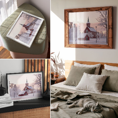 Photo canvas Red Chapel Winter Snowy Trees Pastel Sky