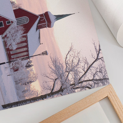 Photo canvas Red Chapel Winter Snowy Trees Pastel Sky