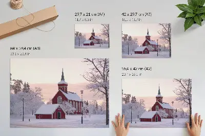 Photo canvas red chapel winter snowy trees and pastel sky