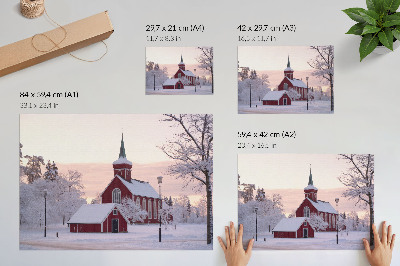 Photo canvas Red Chapel Winter Snowy Trees Pastel Sky