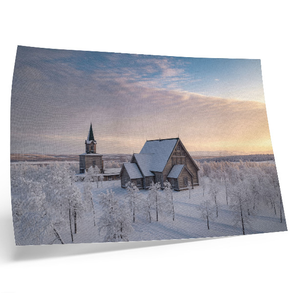 Poster A peaceful winter landscape with a wooden church