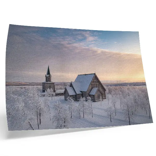 Poster peaceful winter landscape with a wooden church