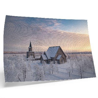 Poster A peaceful winter landscape with a wooden church