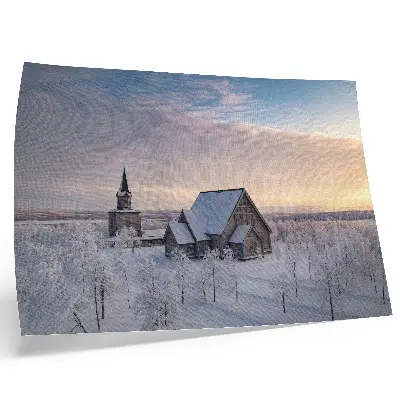 Poster peaceful winter landscape with a wooden church