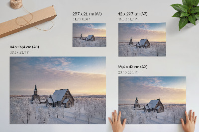 Poster A peaceful winter landscape with a wooden church