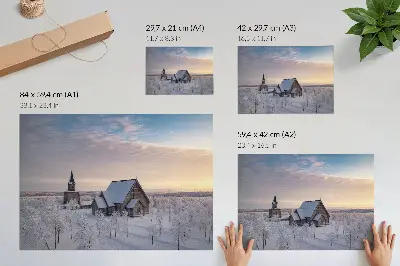 Poster peaceful winter landscape with a wooden church