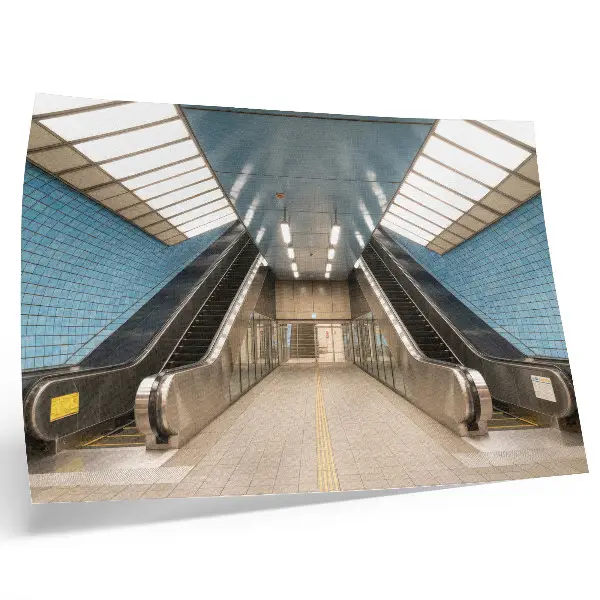 Decorative canvas print featuring a modern blue tile staircase with symmetrical patterns