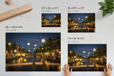 Poster a charming city at night with lights reflected in the water