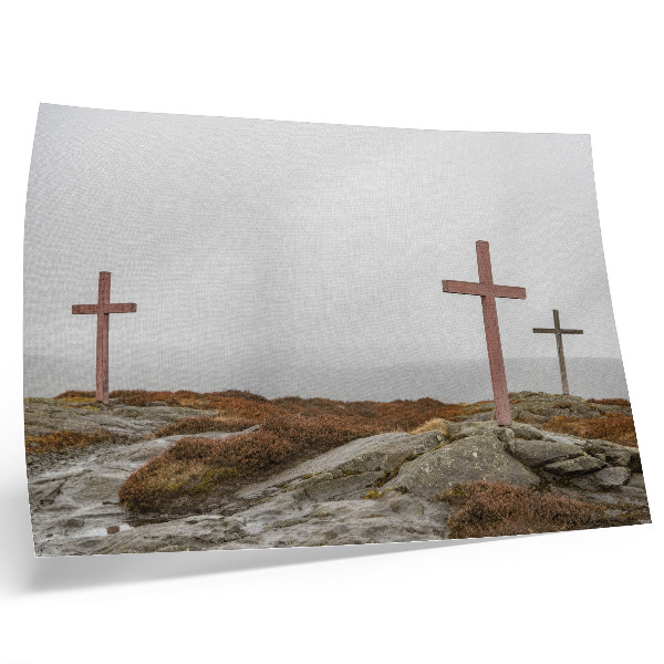 Poster Three wooden crosses misty hill nature