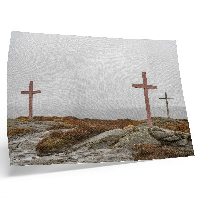 Poster Three wooden crosses misty hill nature