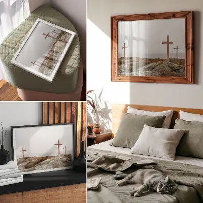 Poster three wooden crosses on a misty hill