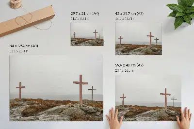 Poster three wooden crosses on a misty hill
