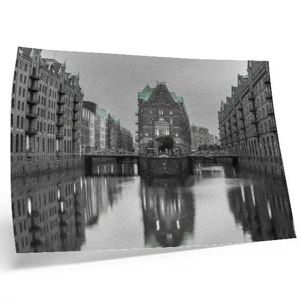Poster canal with industrial buildings and water reflections
