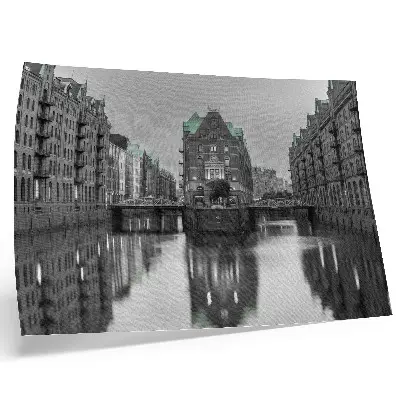 Poster canal with industrial buildings and water reflections