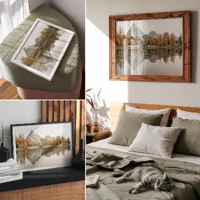 Decorative canvas print mountains with a cottage reflecting on a calm lake amidst golden trees