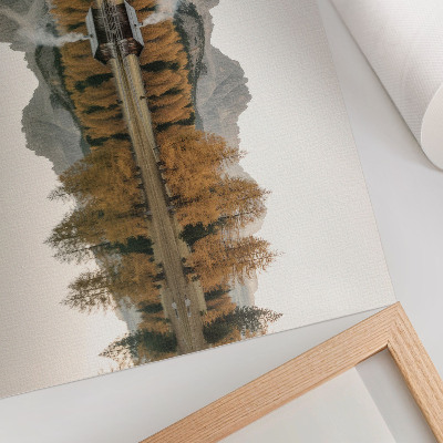 Decorative canvas print Mountains, reflection, cottage, golden trees, calm lake