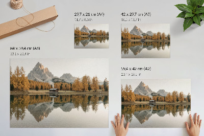 Decorative canvas print Mountains, reflection, cottage, golden trees, calm lake