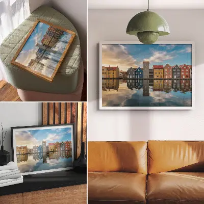Poster colorful houses by the water with architectural reflections