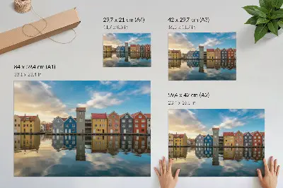 Poster colorful houses by the water with architectural reflections