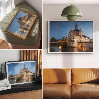 Decorative canvas print featuring a historic building by a water bridge under a blue sky