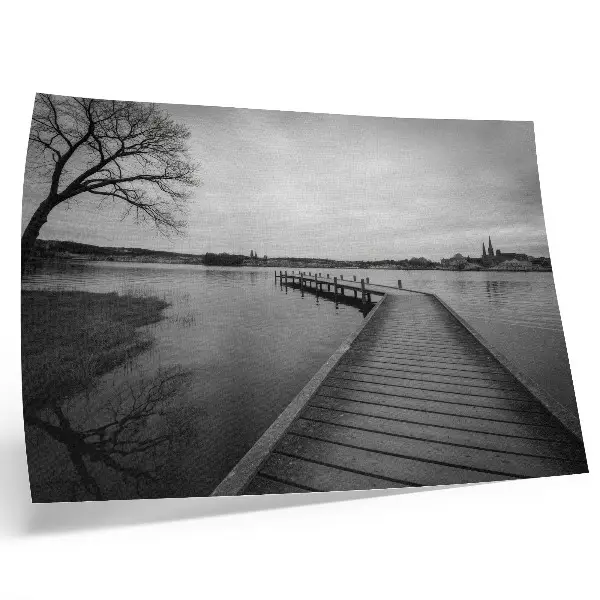 Decorative canvas print black and white landscape of a wooden pier on a calm lake